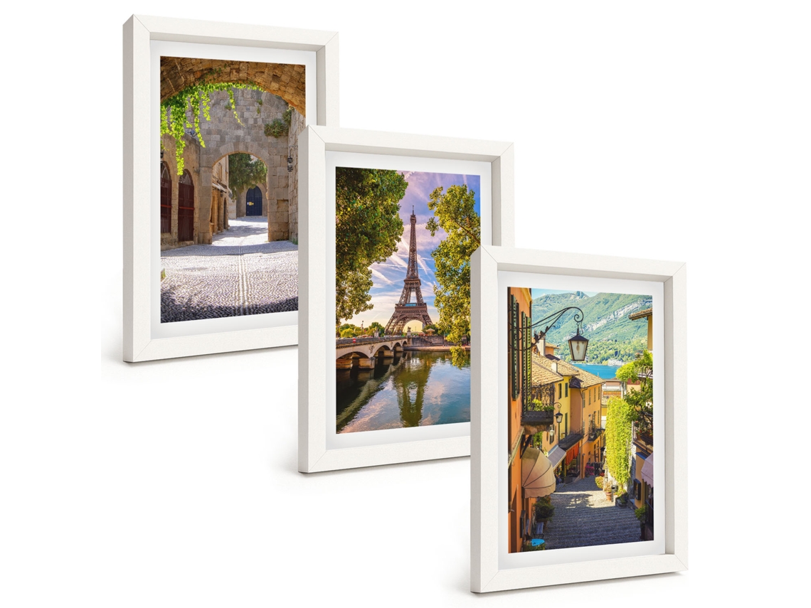 Composição De Quadros Ruas, Arquitetura, Torre Eiffel Moldura Branca Imagens Para Um Quarto Infantil Espelharte (3 Peças 20x30 Cm)