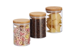 Conjunto Com 3 Potes De Vidro Com Tampas Herméticas De Bambu