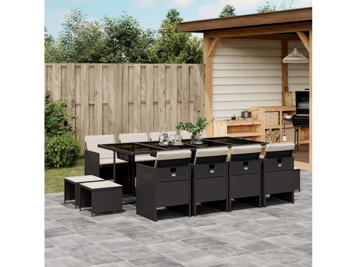 13 Pcs Conjunto De Jantar P/jardim Com Almofadões Vime Pe Preto Dkd Home Decor