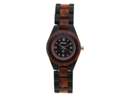 Relógio de casal de madeira com pulseira de madeira, movimento de quartzo, feminino, preto e vermelho.