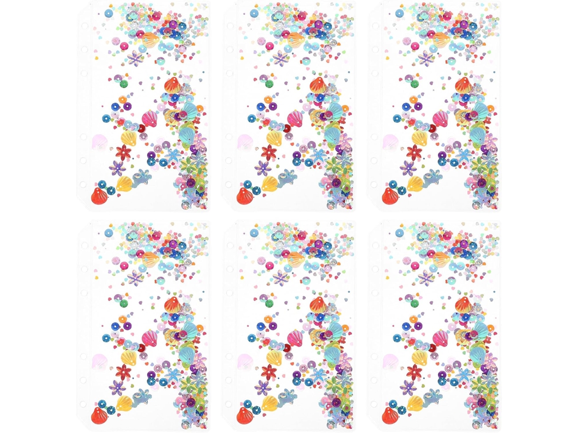 Conjunto de 10 divisórias transparentes A6 com capas coloridas em PVC para cadernos e pastas, ideais para organização.