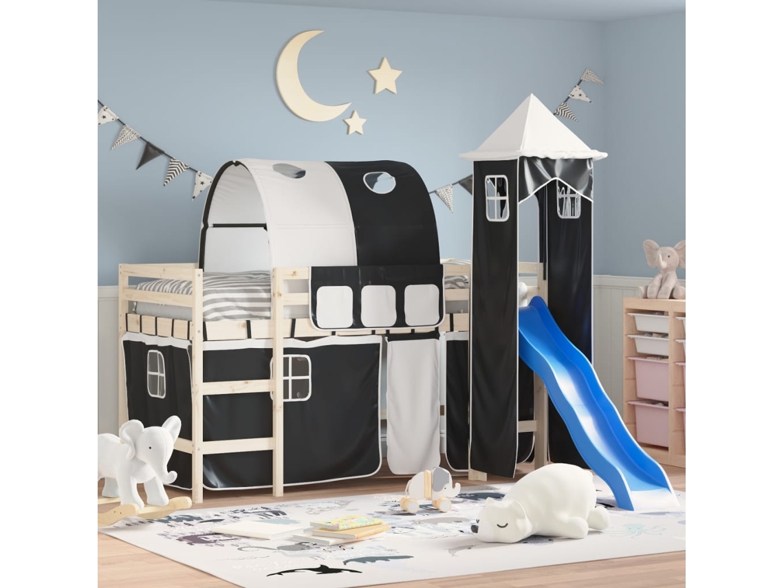 Vidaxl Cortinas Para Cama Elevada Com Túnel E Torre Branco E Preto