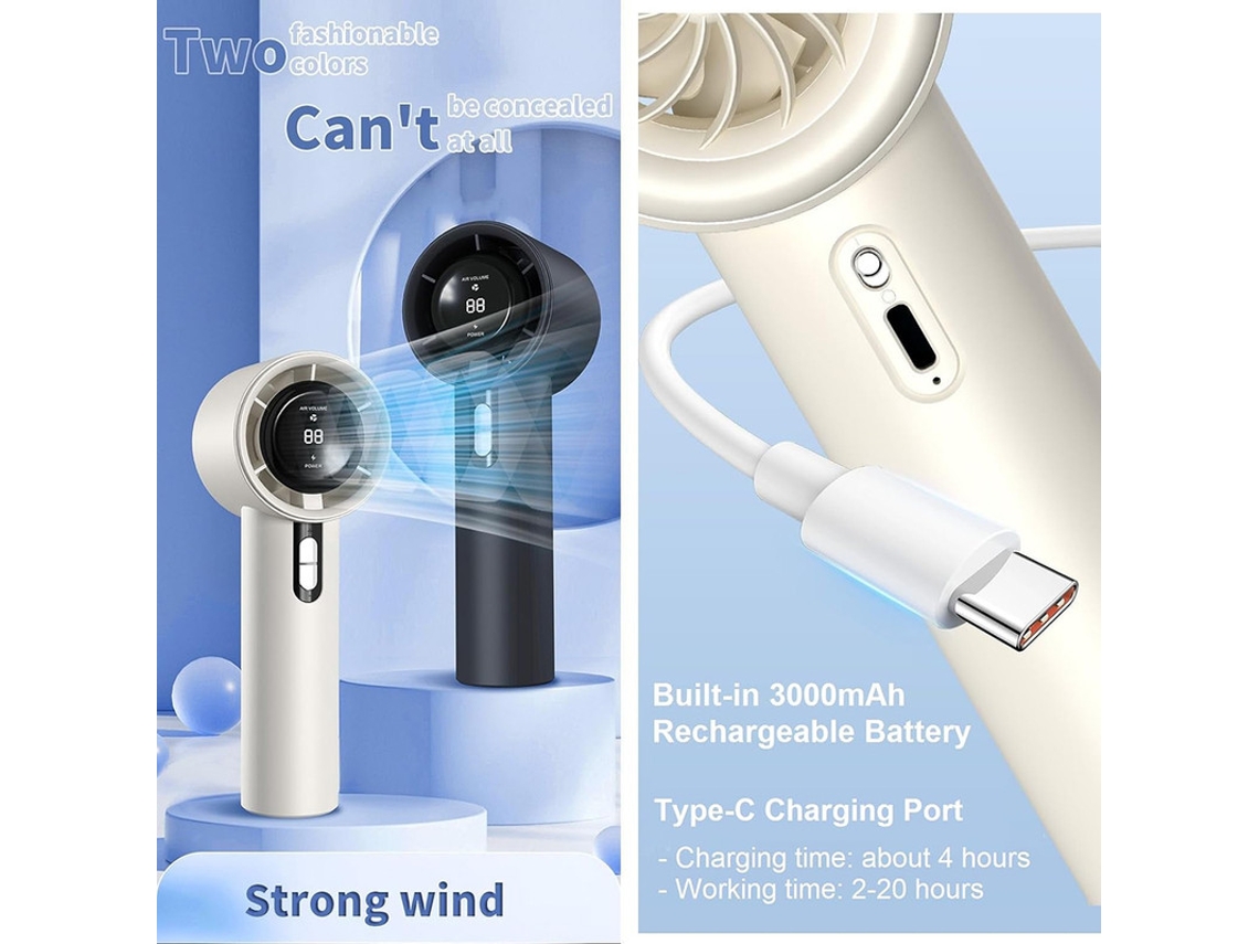Ventilador de Mão MDUG, velocidade ajustável, bateria 3000mah, recarregável USB, visor digital