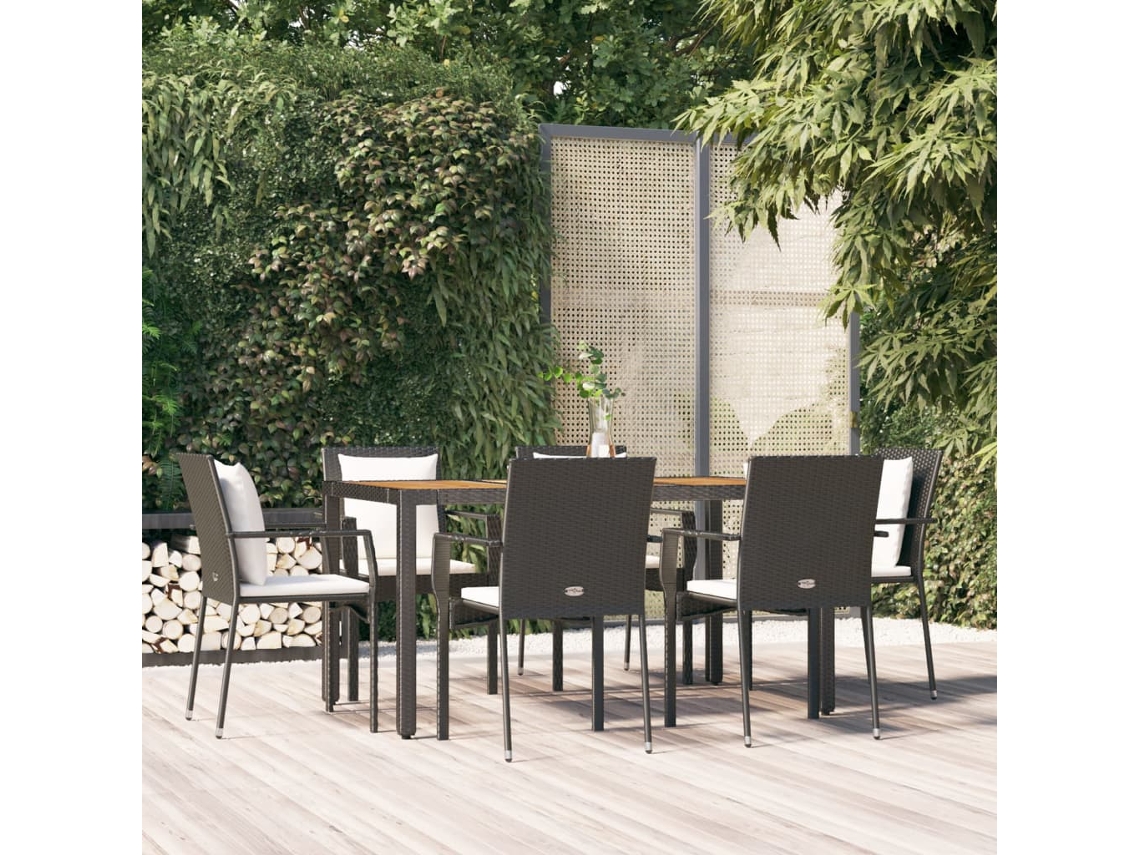 Vidaxl 7 Pcs Conjunto De Jantar P/ Jardim C/ Almofadões Vime Pe Preto