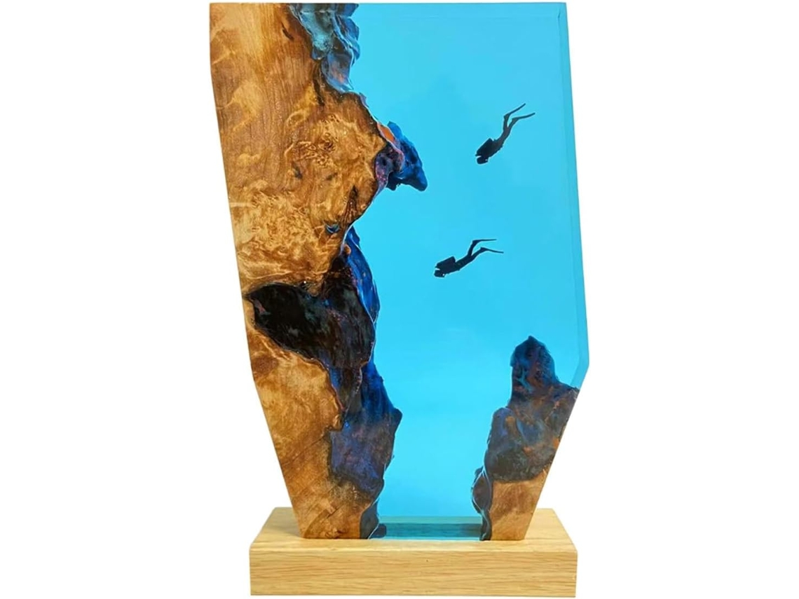 Luminária De Resina Epóxi Com Base Madeira Luz Noturna Led 3d