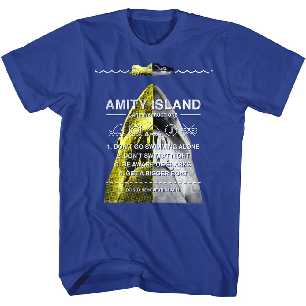 Unisex Adult T-shirt Rockinstone Jaws Movie Instruction Collage Solid Royal Sizexxl