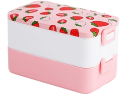 Lancheira Bento Portátil Heallily Para Micro Ondas, Estampa De Morango, Recipiente De 2-andares Em Pp Ideal Para Escola