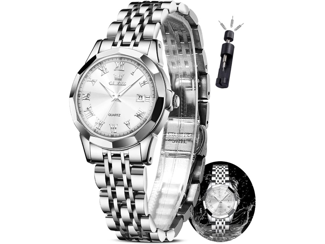 Lurelia Relógio Feminino, Movimento De Quartzo, Analógico, Data/calendário, Detalhes Com Strass, Aço Inoxidável, Prata