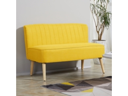 Sofá Amarelo De Dois Lugares, 117x56,5x77 Cm, Em Tecido Com Aspecto De Linho, Modelo Sem Braços E Com Pés De Madeira.