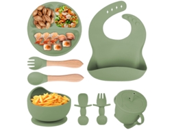 Conjunto de Alimentação para Bebê em Silicone, 8 Peças, Incluindo Ventosa, Tigela, Babador, Colher, Garfo e Copo com Canudo Verde PANOONA