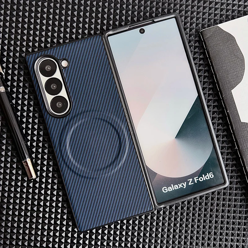 (para Z Fold 4 Azul Escuro) Compatível Com Capa Protetora Magnética Samsung, Capa Traseira Em Couro Pu Com Textura De Fibra De Carbono