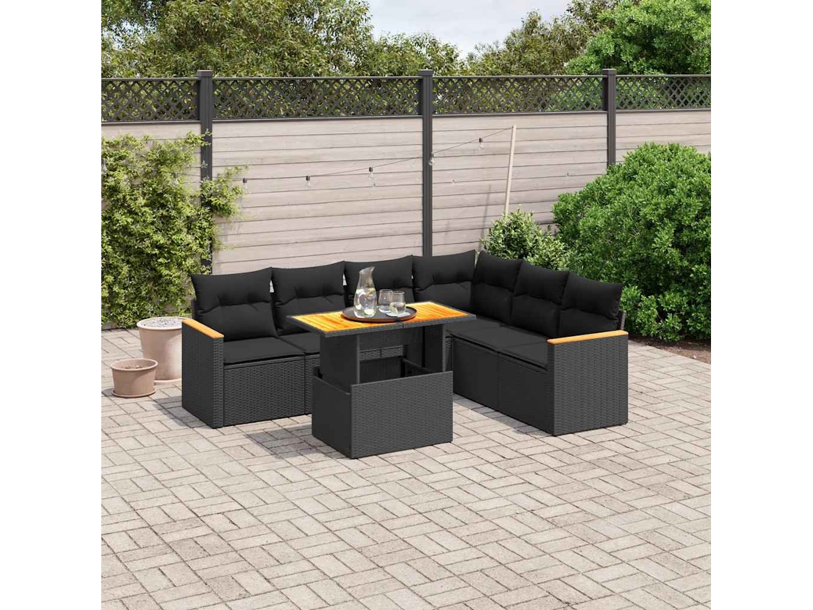 Vidaxl 7 Pcs Conjunto De Sofás P/ Jardim C/ Almofadões Vime Pe Preto