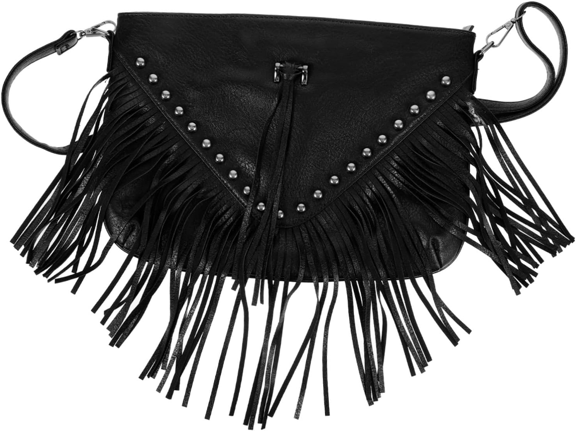 Bolsa De Ombro Feminina Preta Em Pu Com Tachas E Franjas, Prática Para Uso Diário E Casual.