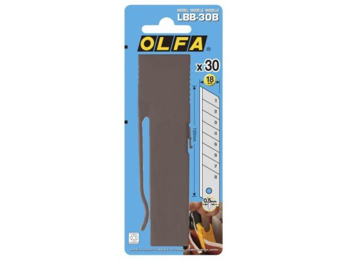 Pack de 30 lâminas segmentadas pretas Excel Black de 18 mm em caixa de plástico com clip OLFA