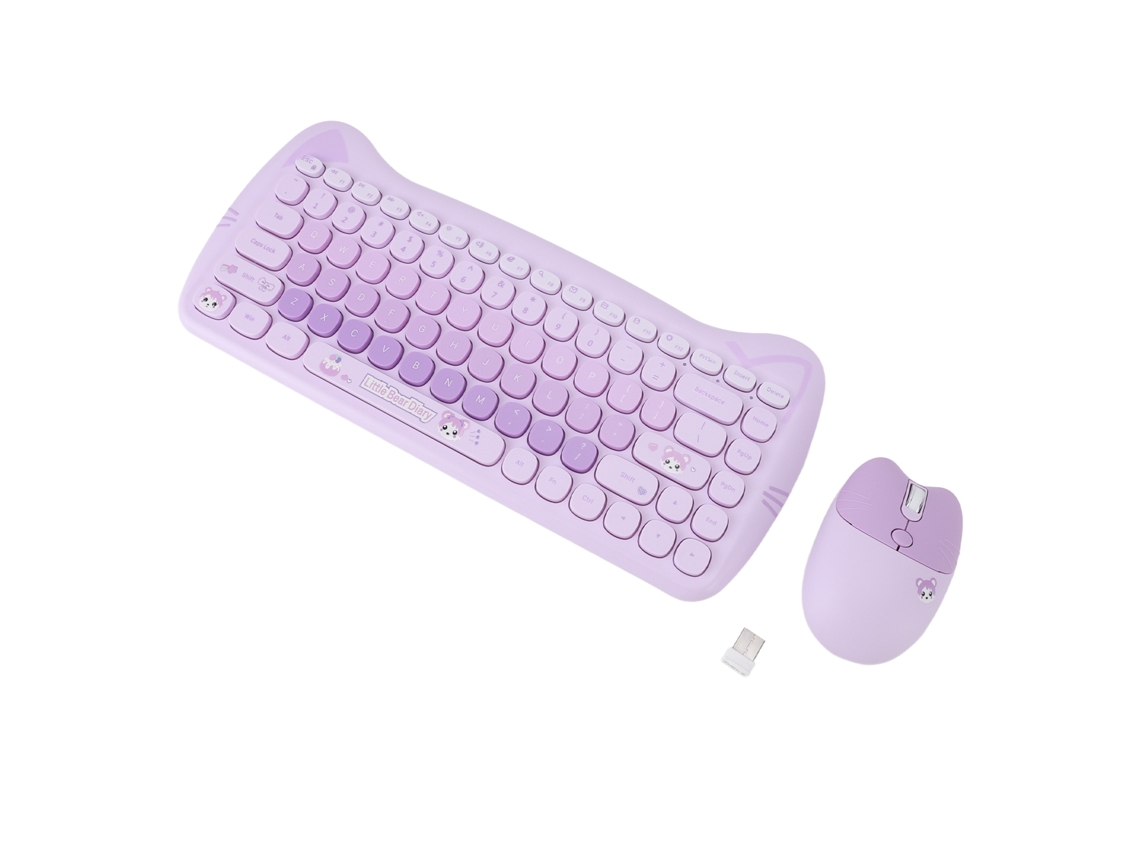 Teclado e Mouse Sem Fio 2.4g 84 Teclas Cor Roxa Cute Design Fosco Leve Combo