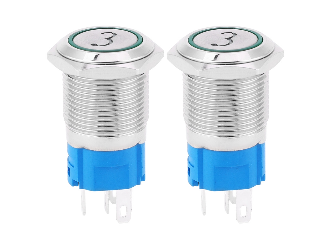 2pcs Chave De Pressão Momentânea De Metal Plana 5 Pinos 16mm Com Led E Dígito 3verde 3-6vdc