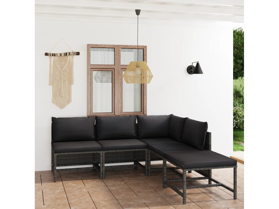 Vidaxl 5 Pcs Conjunto Lounge De Jardim C/ Almofadões Vime Pe Cinzento