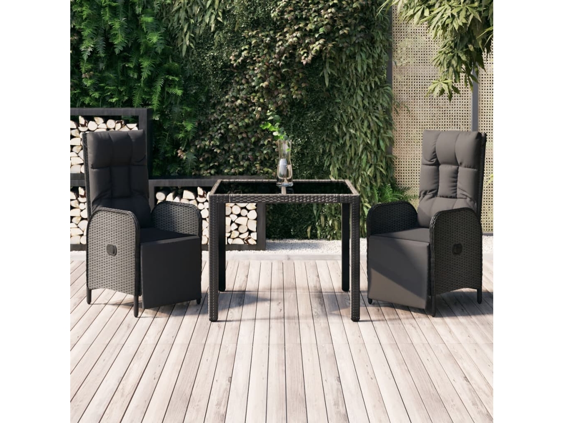 Conjunto 3 Peças Jantar P/ Jardim C/ Almofadões Vime Pe Preto Dkd Home Decor