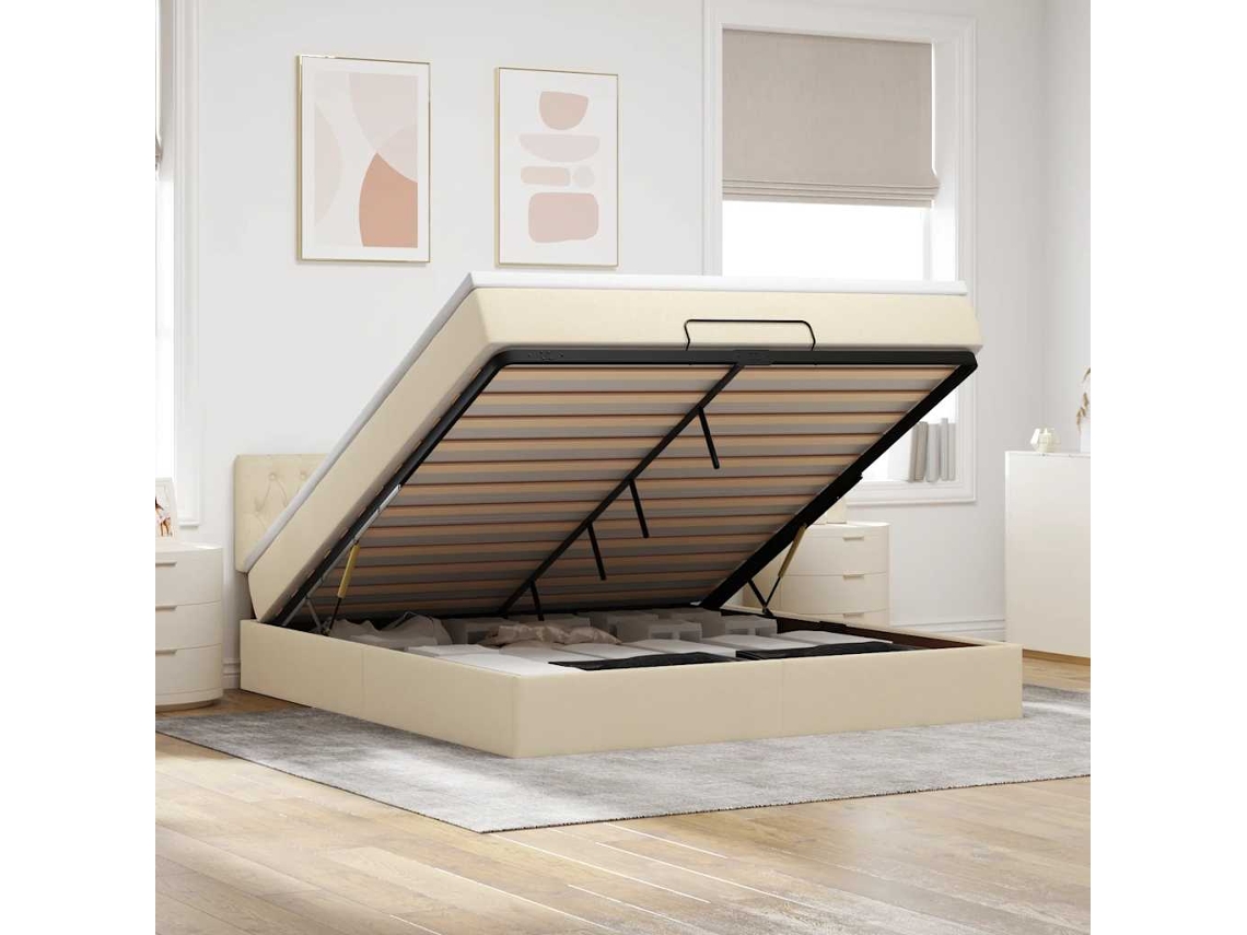 Vidaxl Cama Otomana Com Colchão Leds 180x200cm Tecido Creme