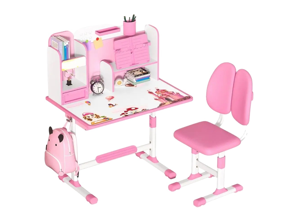 Conjunto De Cadeira E Mesa De Estudo Para Crianças, Altura Ajustável, Design Ergonômico, Rosa