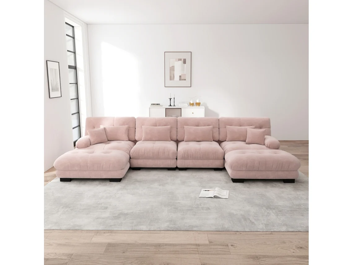Sofá Modular De 4 Lugares - Sofá Em Forma De U, Confortável, Com Otomano Móvel, Combinação Diy - Rosa
