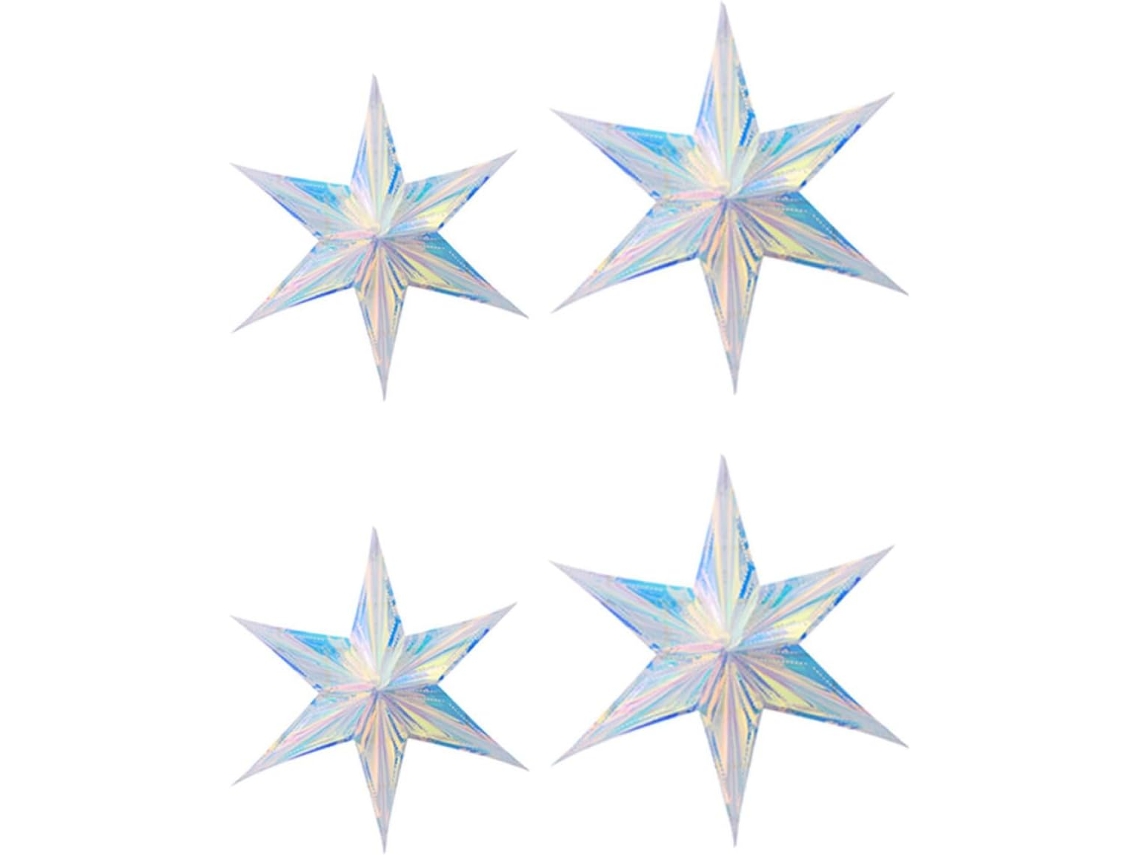 Conjunto 4 Pingentes Hexagonais Iridescentes Formato Estrela Feitos Material Sintético Prateado Decoração GOKOCO