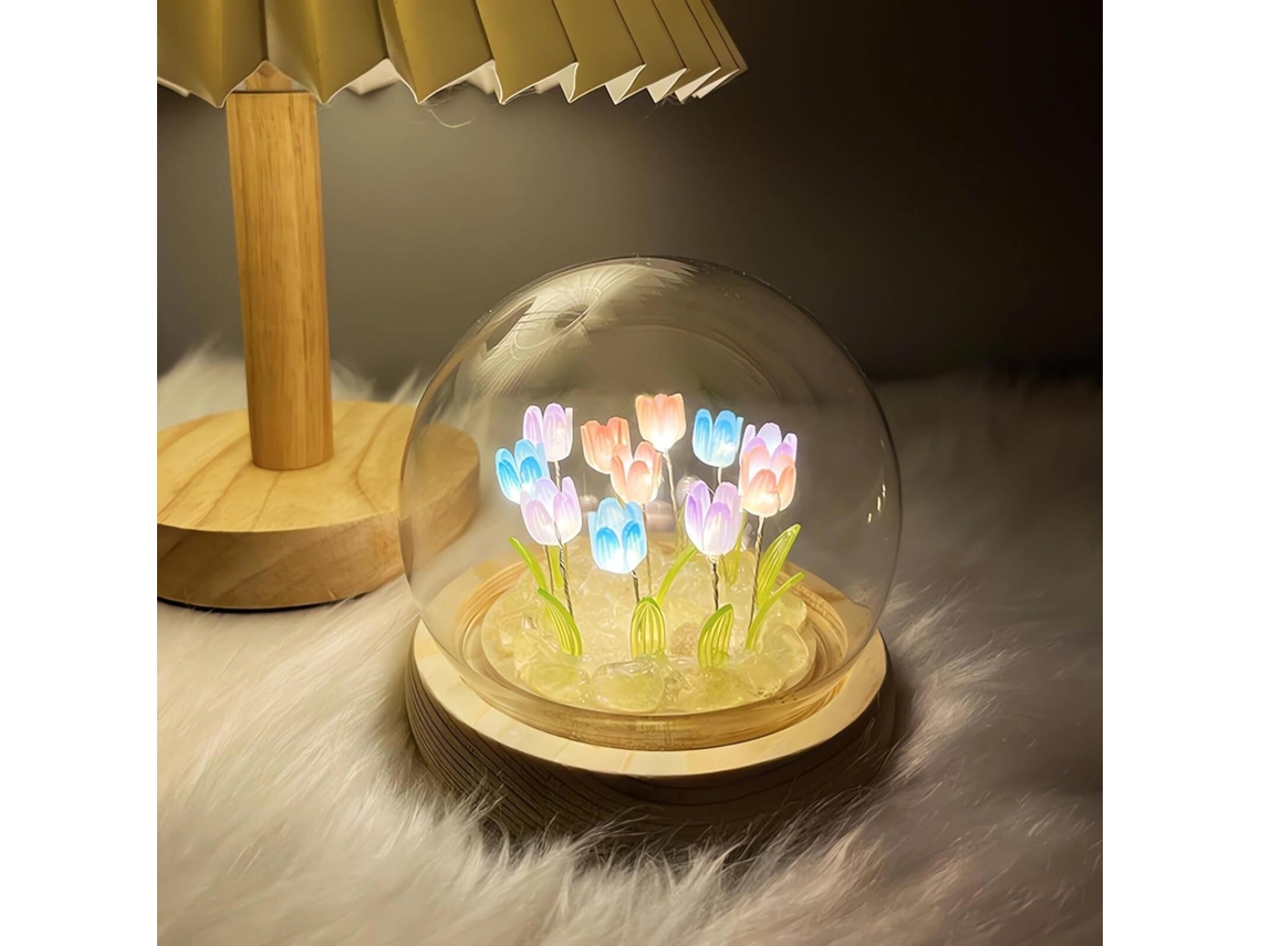 Luminária de Mesa Led Romântica com 10 Tulipas Coloridas, em Cúpula de Vidro com Base Madeira Natural. Ideal para Decoração Quarto BRILVIBERA