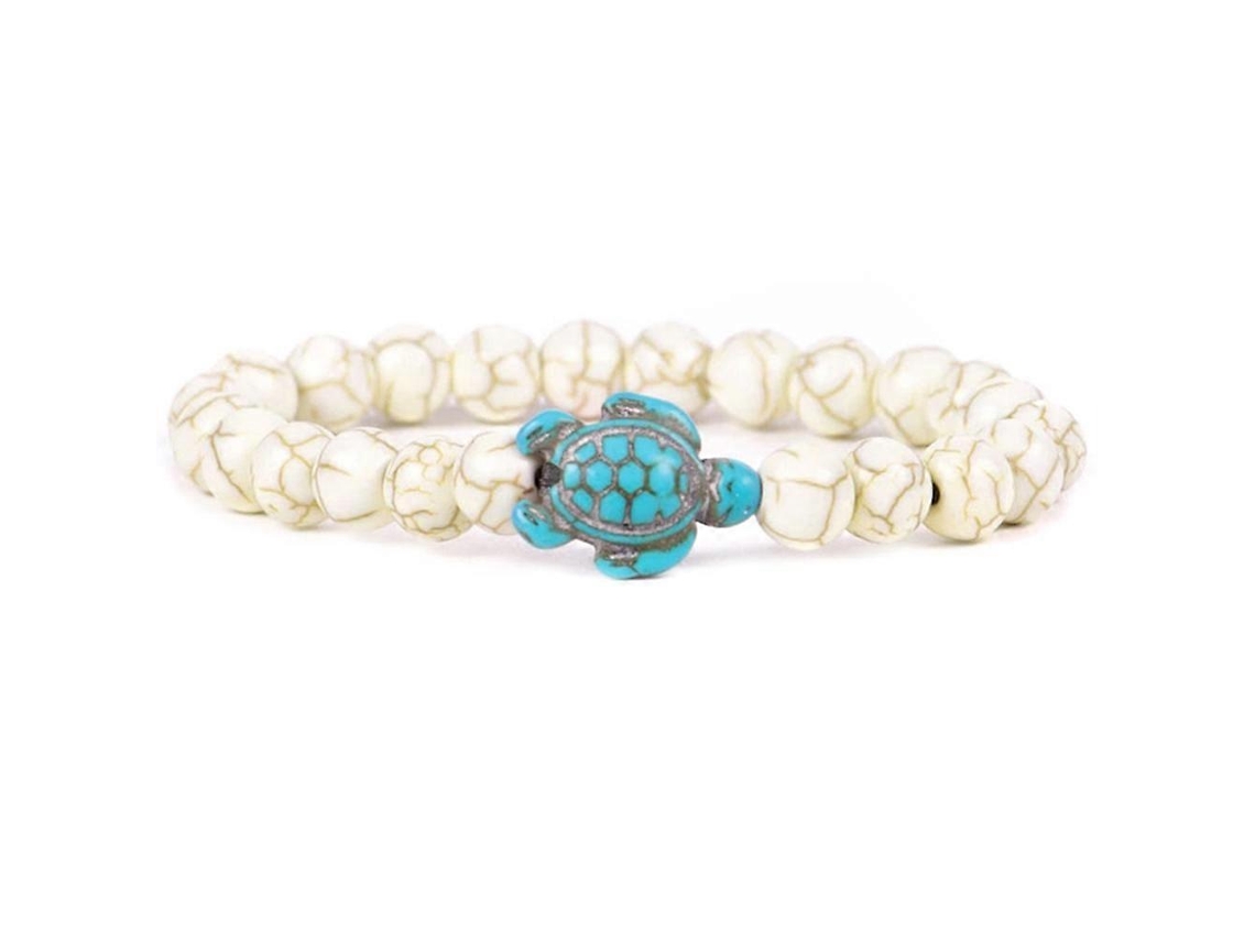 Pulseira Elástica Com Contas De Tartaruga Marinha E Pedra Natural Turquesa Sintética. Nostalgia88