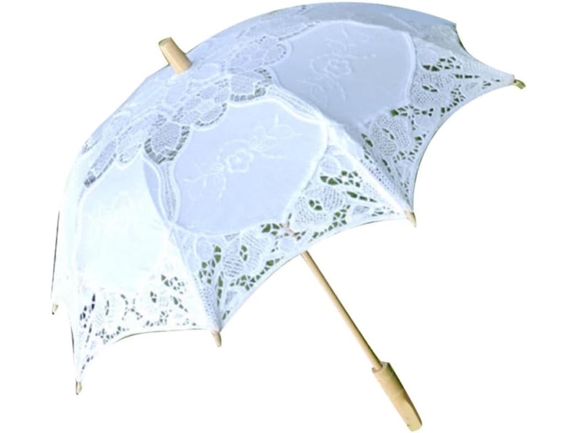 Guarda-chuva De Renda De Algodão Branco Para Casamento Com Cabo De Madeira