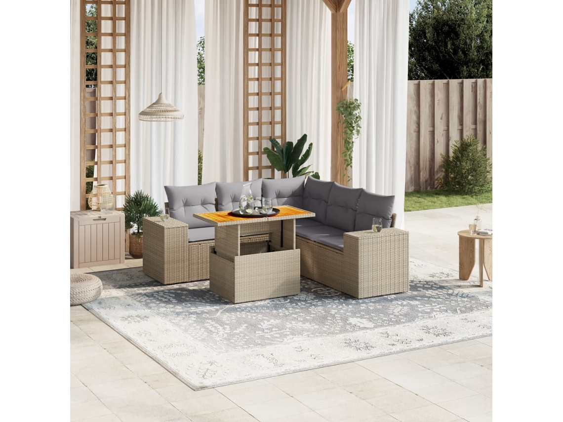 Vidaxl 6 Pcs Conjunto De Sofás P/ Jardim Com Almofadões Vime Pe Bege