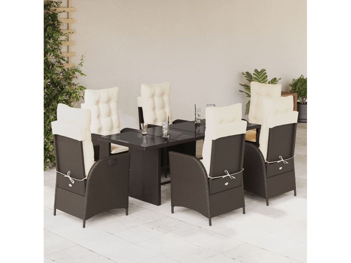 Vidaxl 7 Pcs Conjunto Jantar P/ Jardim C/ Almofadões Vime Pe Castanho