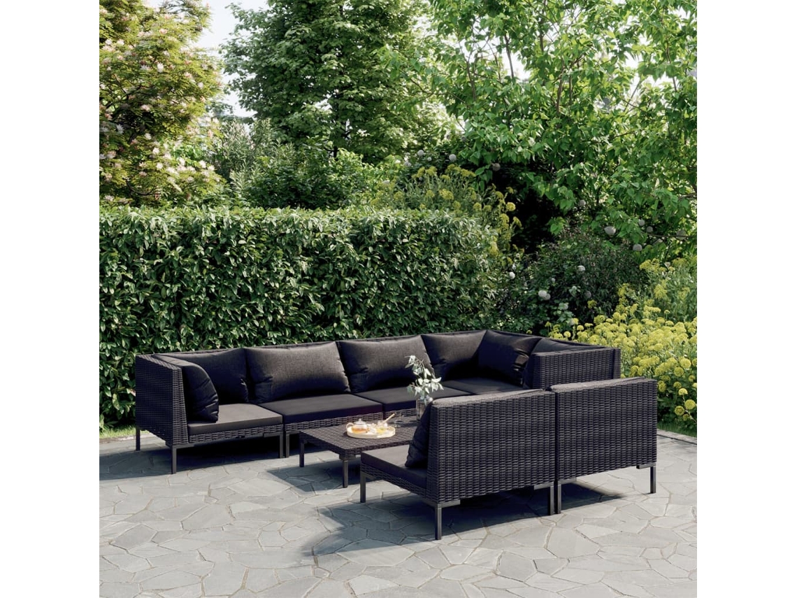 Conjunto 8 Peças Lounge Jardim C/ Almofadões Vime Pe Cinzento Escuro Dkd Home Decor