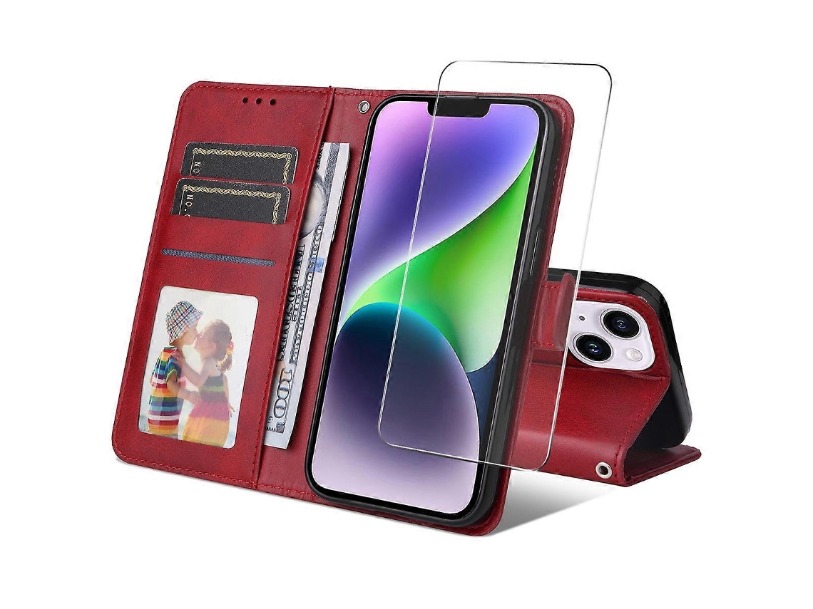 Capa Tipo Carteira De Couro Sintético Tkdaddy Para Iphone 15 Com Suporte Para Celular Enkay Hat Prince E Vidro Temperado Vermelho