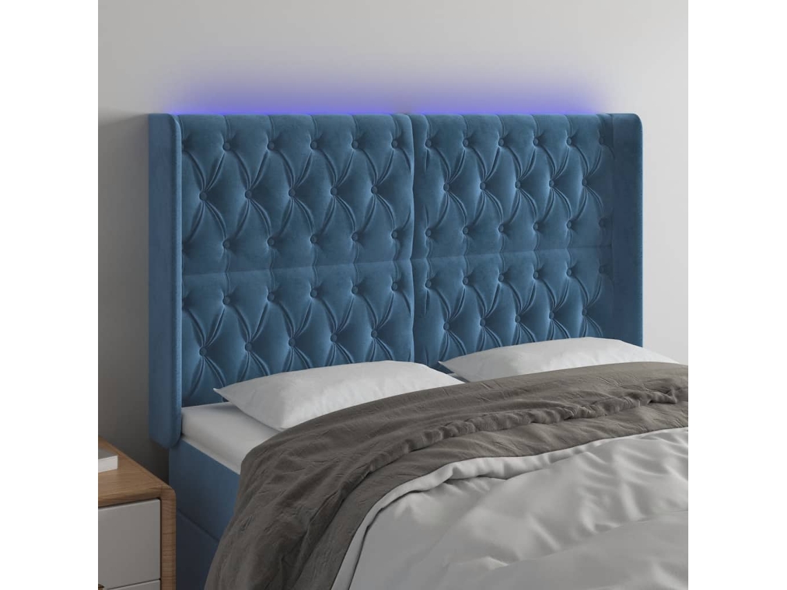 Cabeceira Camapainel De Cabeceira C/ Luzes Led Veludo 163x16x118/128cm Azul Escuro Lovely Home