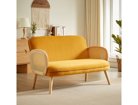 Sofá boêmio de 2 lugares em vime ROSI e veludo amarelo ocre