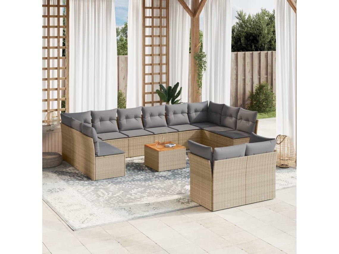 Vidaxl 13 Pcs Conj. Sofás Jardim C/ Almofadões Vime Pe Bege Misturado
