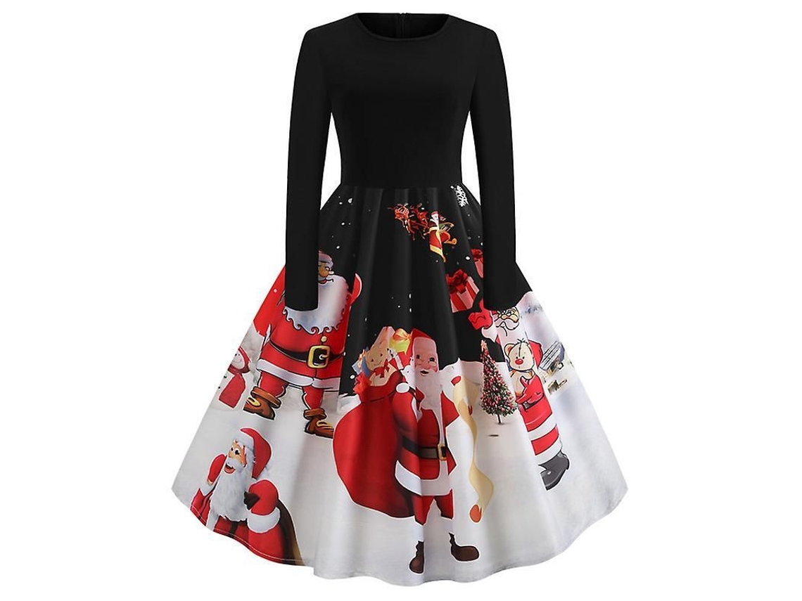 2026 vestido Midi Retro de Natal para Mulher com Estampa de Papai Noel com Mangas Longas Vintage Rockabilly Elegante para Festivais e Eventos