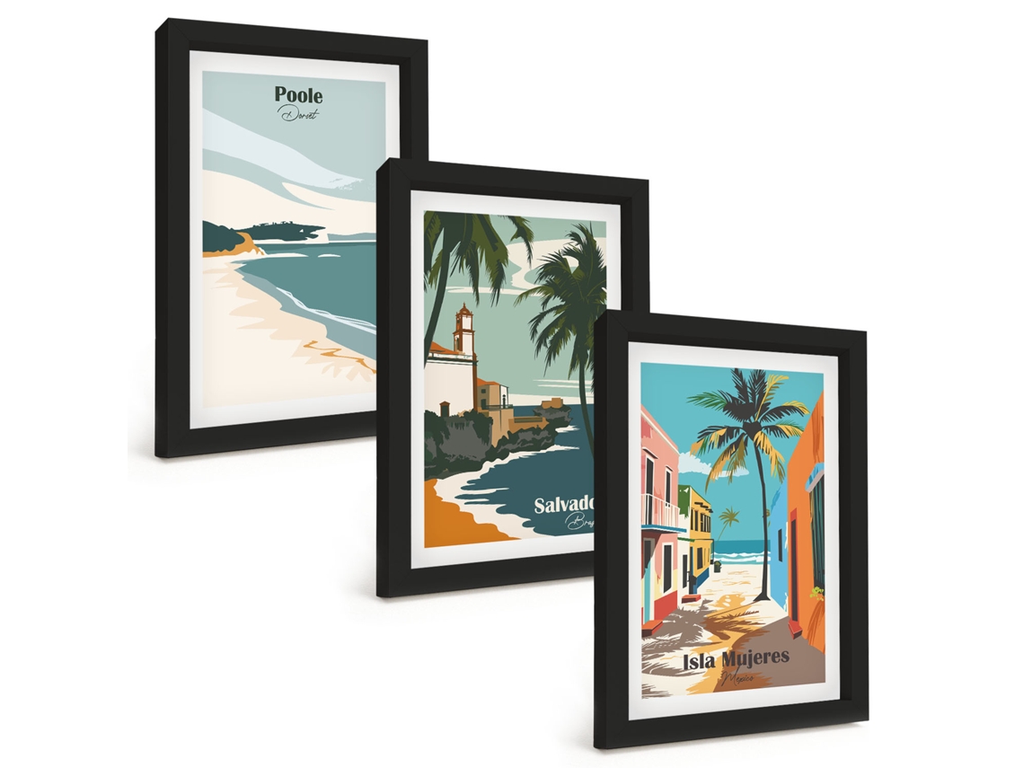 Conjunto De Pinturaspraias Tropicais E Palmeiras Moldura Preta Quadros Para A Sala De Estar Espelharte (3 Peças 20x30 Cm)
