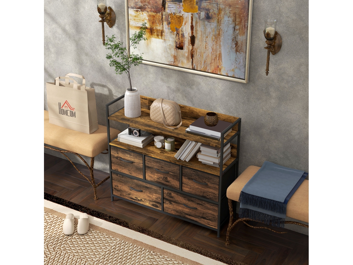 Cômoda Com 5 Gavetas E Prateleiras De Tecido Removíveis, 98x29x85cm, Marrom Rústico