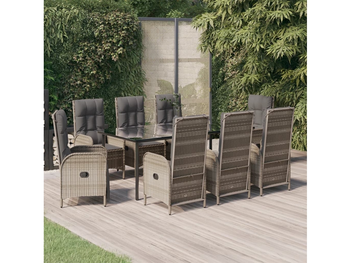 Vidaxl 9 Pcs Conjunto Jantar Jardim C/ Almofadões Vime Pe Preto/cinza