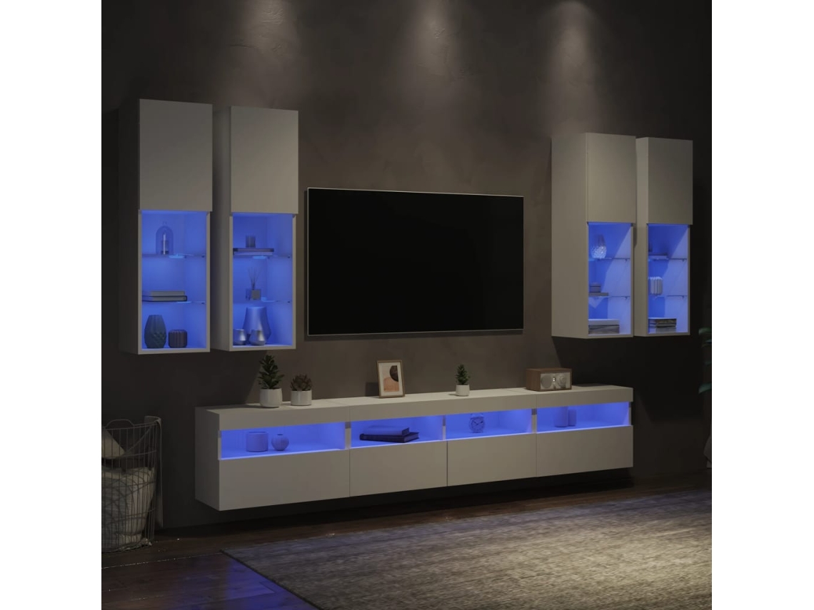 Vidaxl 7 Pcs Conjunto de Móveis de Parede para Tv com Luzes Led Branco