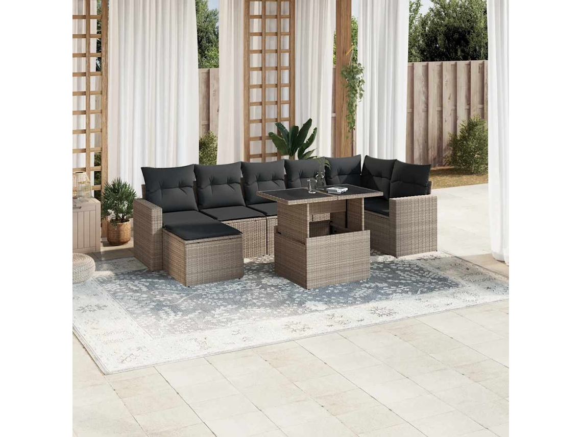 Vidaxl 8 Pcs Conj. Sofás Jardim C/ Almofadões Vime Pe Cinzento-claro