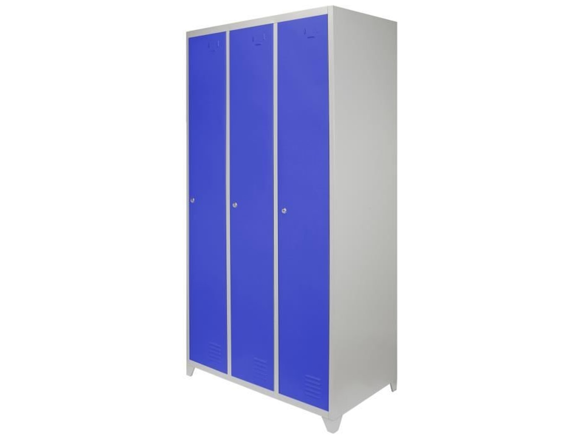 Monstershop Locker 3 Portas 2 Prateleiras Azul Cinza Armário Trancável Ginásio Escola Vestiário