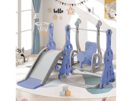 Área De Lazer Multifuncional 4 Em 1 Paraíso Das Crianças Azul Escorregador, Balançoire, Cesta De Basquete Childrens Paradise