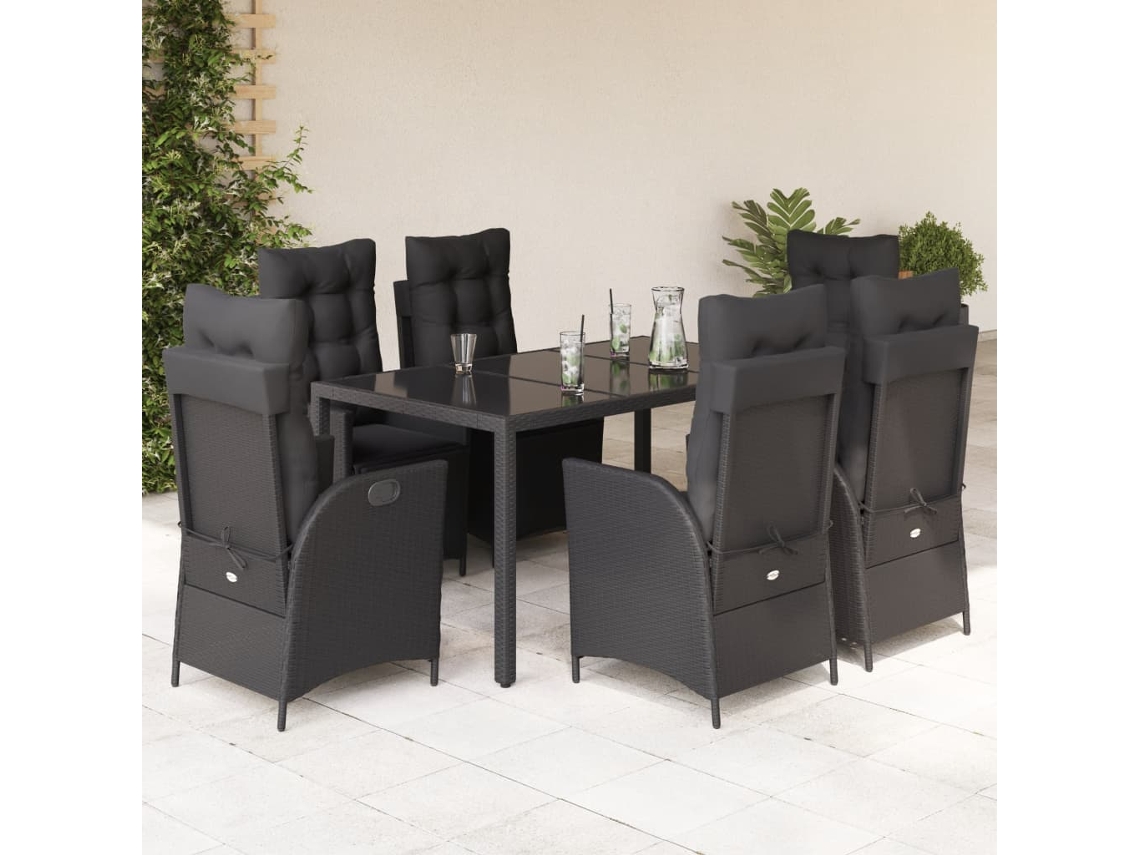 7 Pcs Conjunto De Jantar P/ Jardim C/ Almofadões Vime Pe Preto Dkd Home Decor