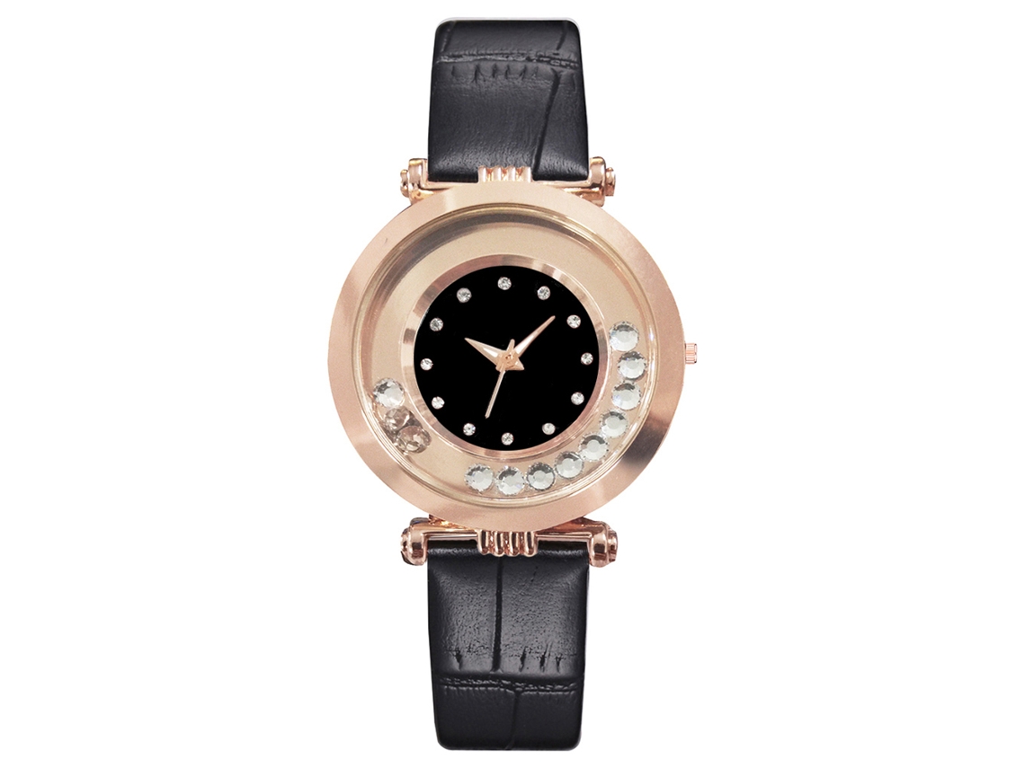 Relógio Feminino Vansvar de Courro Pu com Pedras de Areia Fluida e Strass
