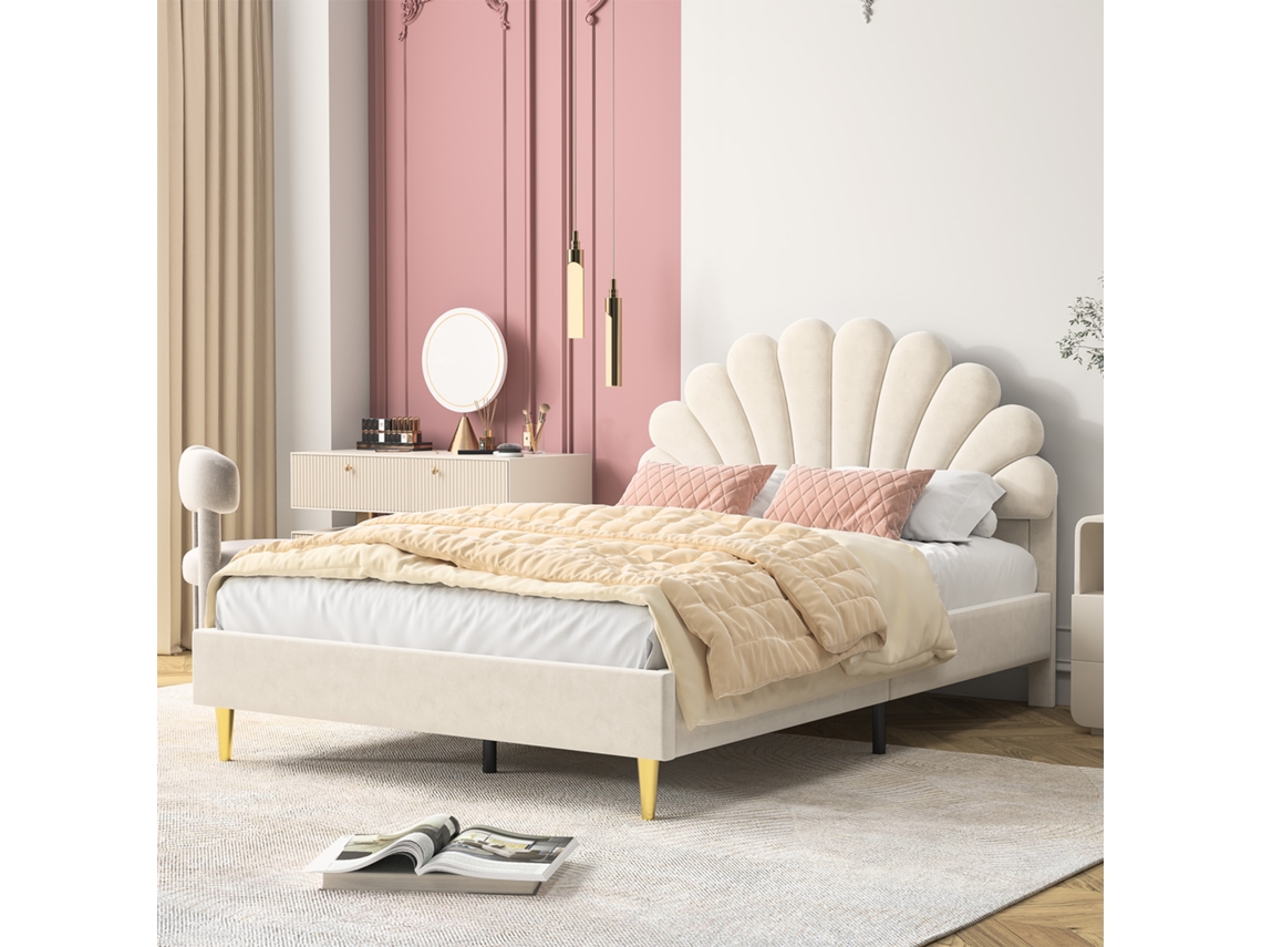 Cama infantil estofada 140x200cm com cabeceira floral em veludo bege INONEFT