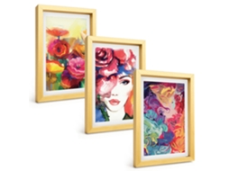 Composição De Quadrosflores, Retrato Intenso De Uma Mulher Moldura Dourada Imagens Para Um Quarto Infantil Espelharte (3 Peças 20x30 Cm)