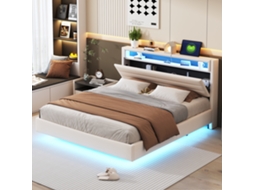 Cama Estofada Bege 160x200 Com Usb, Led E Cabeceira Acolchoada