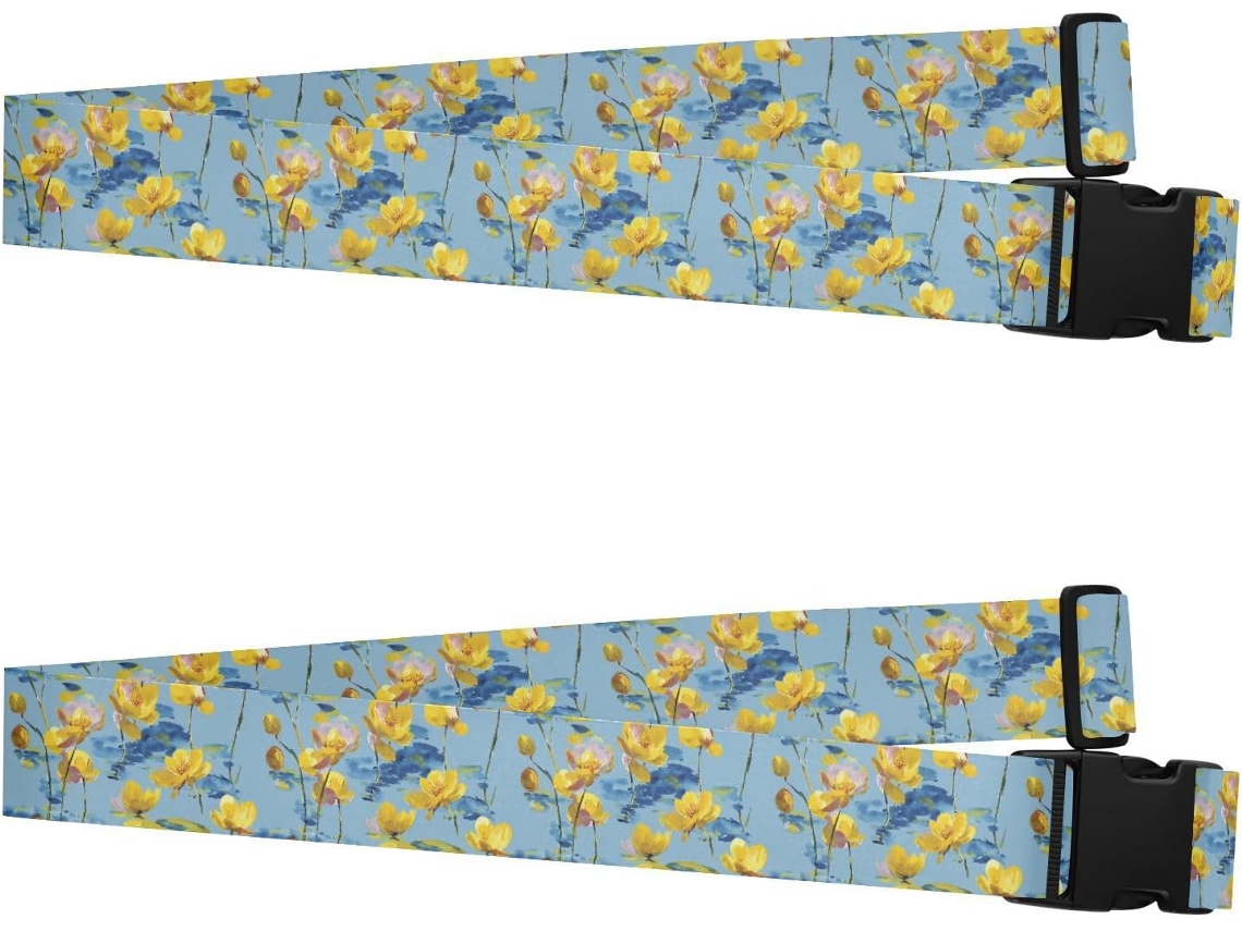 Conjunto De 2 Cintas Bagagem Com Estampa Floral Amarela Em Aquarela, Ajustáveis, Acessórios De Viagem Segurança E